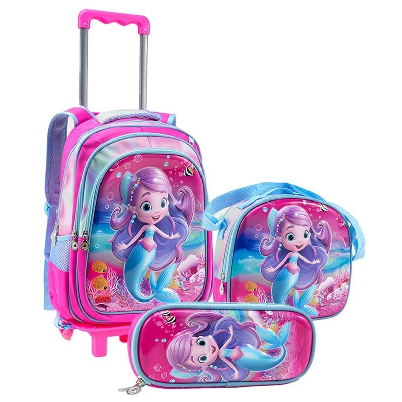 Kit Mochila Infantil Escolar 3D Com Rodas Menina Sereia