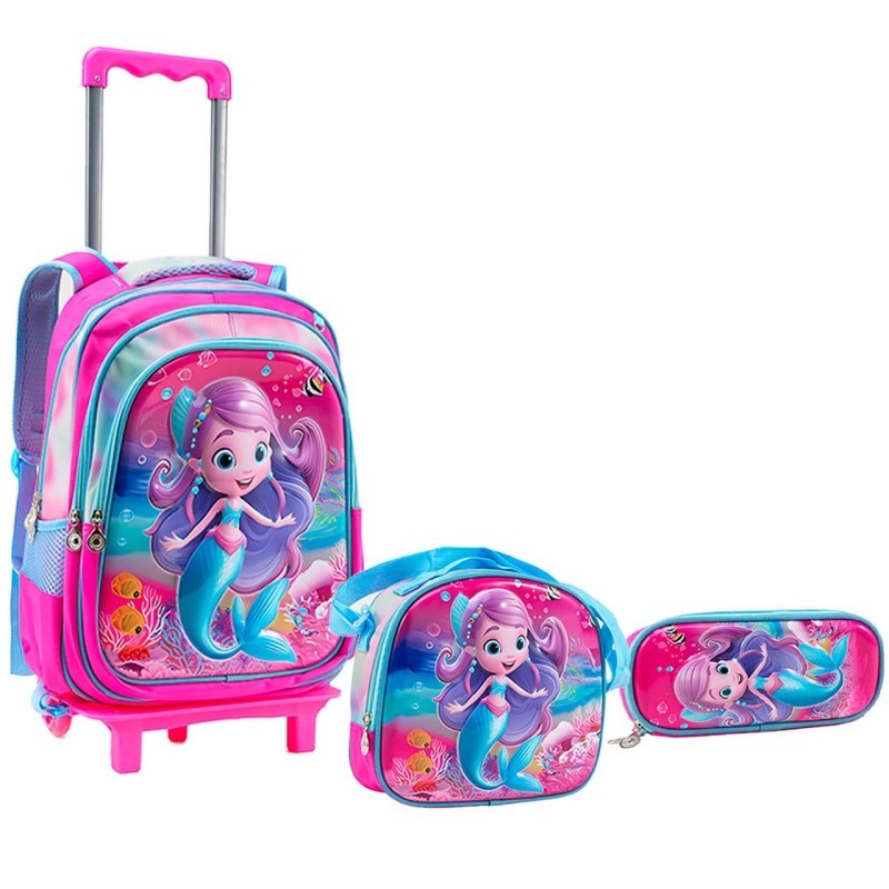 Kit Mochila Infantil Escolar 3D Com Rodas Menina Sereia