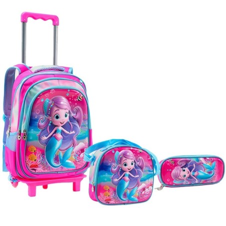 Kit Mochila Infantil Escolar 3D Com Rodas Menina Sereia