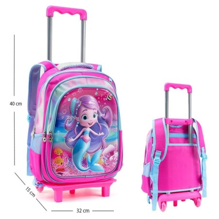 Kit Mochila Infantil Escolar 3D Com Rodas Menina Sereia