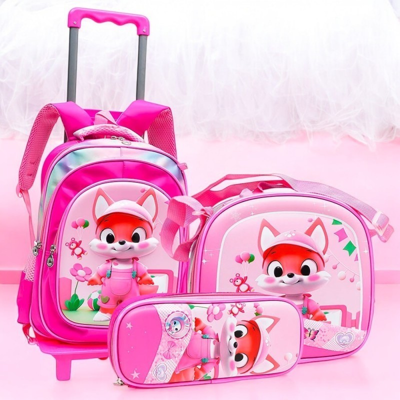 Kit Mochila Escolar Com Rodas Infantil Menina Raposinha