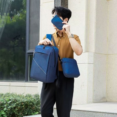Kit Conjunto Mochila Com Pochete E Estojo Porta Notebook USB