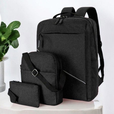 Kit Conjunto Mochila Com Pochete E Estojo Porta Notebook USB