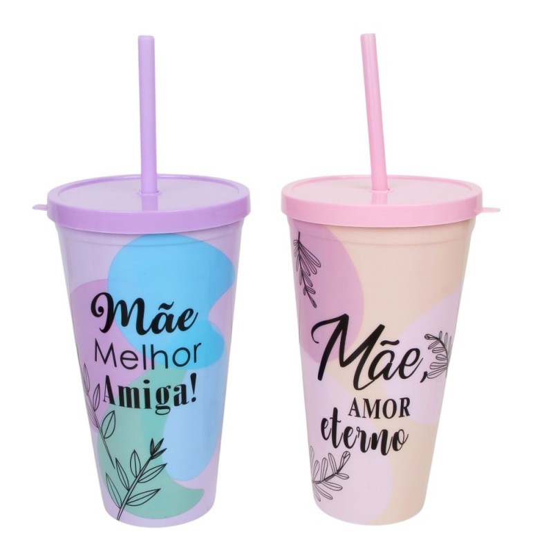 Copo De Plástico Com Tampa E Canudo Frases Tema Mãe 600ml