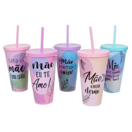 Copo De Plástico Com Tampa E Canudo Frases Tema Mãe 600ml