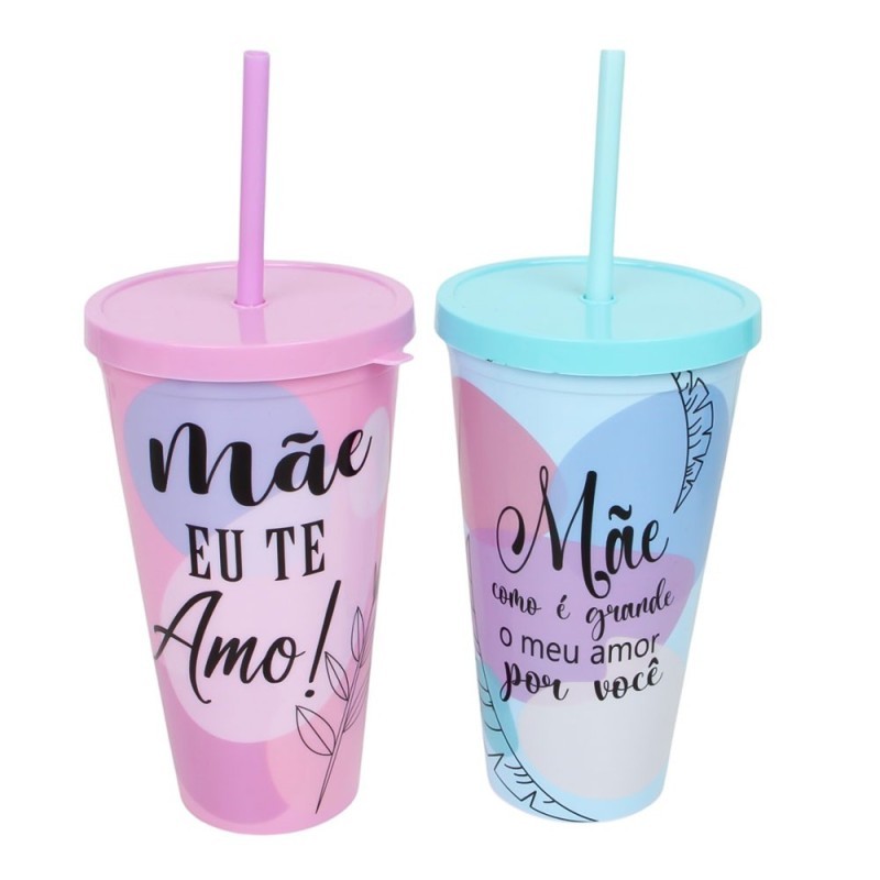 Copo De Plástico Com Tampa E Canudo Frases Tema Mãe 600ml