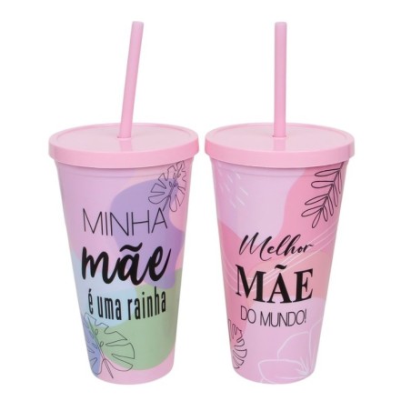 Copo De Plástico Com Tampa E Canudo Frases Tema Mãe 600ml