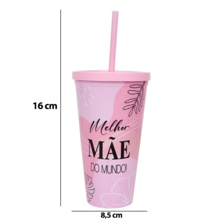 Copo De Plástico Com Tampa E Canudo Frases Tema Mãe 600ml