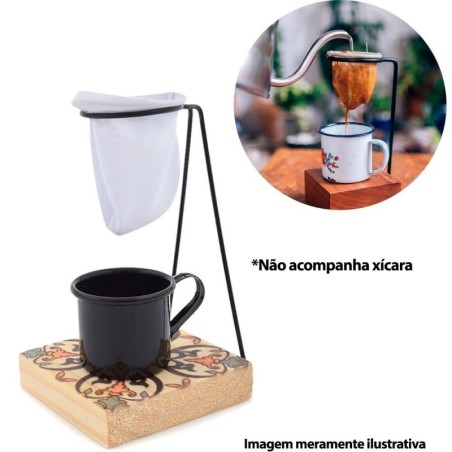 Porta Filtro Coador De Café Aramado Pano Flanelado Base De Madeira