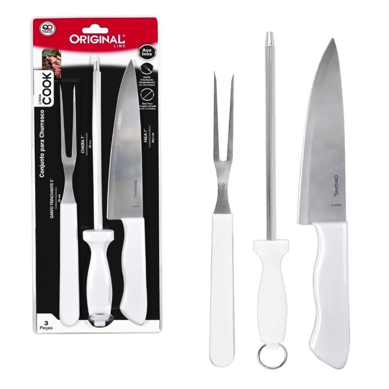Conjunto Churrasco 3 Peças Garfo Chaira Faca Em Aço Inox
