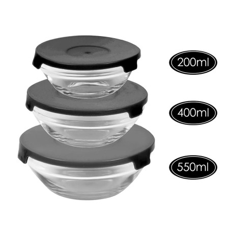 Conjunto Potes De Vidro Preto Safira 3 Peças 200ml Á 550ml