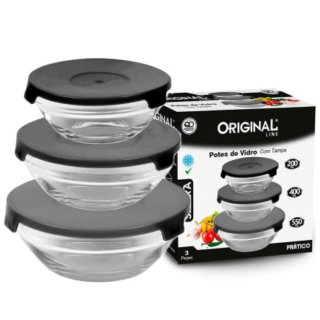 Conjunto Potes De Vidro Preto Safira 3 Peças 200ml Á 550ml