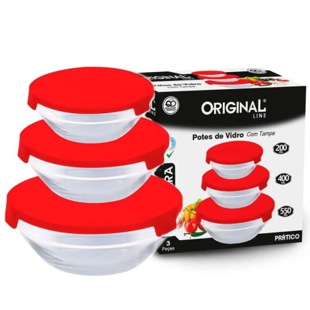 Conjunto Potes De Vidro Safira Vermelho 3 Peças 200ml Á 550ml