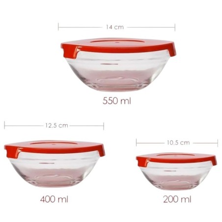 Conjunto Potes De Vidro Safira Vermelho 3 Peças 200ml Á 550ml
