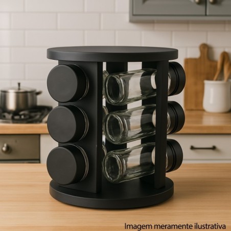 Porta Condimentos 9 Frascos Com Suporte Giratório Preto