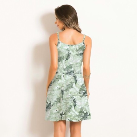 Vestido Evasê De Alcinha Estampa Folhagem Verde