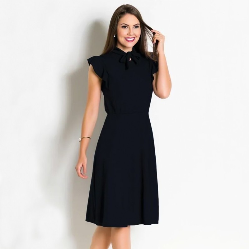 Vestido Moda Evangélica Preto Com Gola Laço