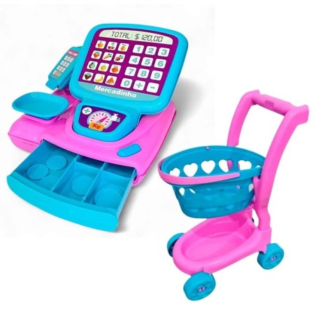 Kit Mercadinho Infantil Caixa Registradora + Carrinho Meninas - Feira Da Madrugada SP!