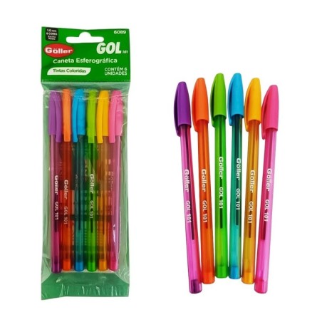 Kit Canetas Esferográficas Coloridas 6 Peças