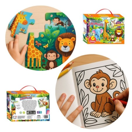 Maleta Divertida Infantil Com Animais 6 Livros e 1 Quebra Cabeça