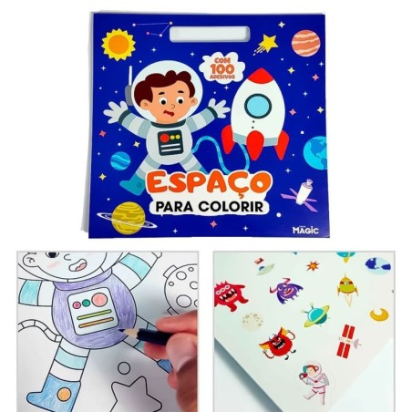 Livro De Colorir Espaço Infantil 28cm Com 100 Adesivos