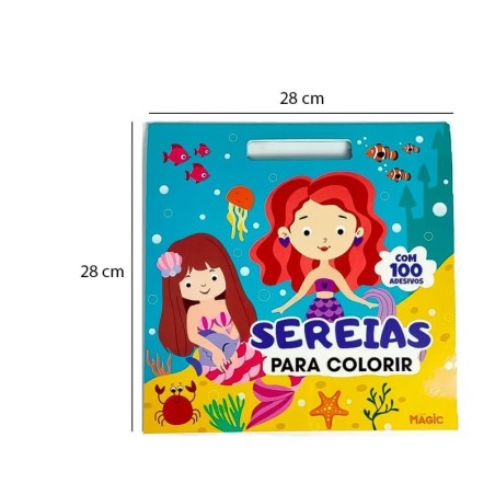 Livro De Colorir Sereia Infantil 28cm Com 100 Adesivos