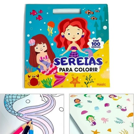 Livro De Colorir Sereia Infantil 28cm Com 100 Adesivos