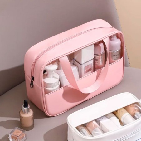 Bolsa Necessaire Grande Com Faixa Transparente e Alça Superior