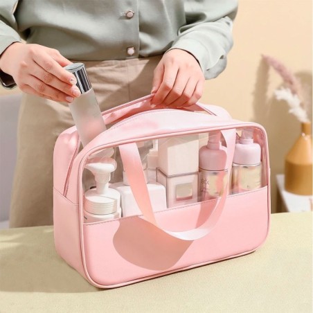 Bolsa Necessaire Grande Com Faixa Transparente e Alça Superior