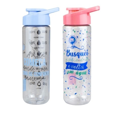 Garrafa De Plástico Frases Alça Colorida 700ml