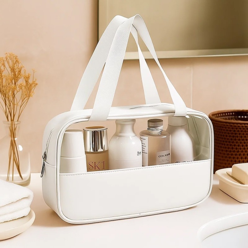 Bolsa Necessaire Grande Com Faixa Transparente e Alça Superior