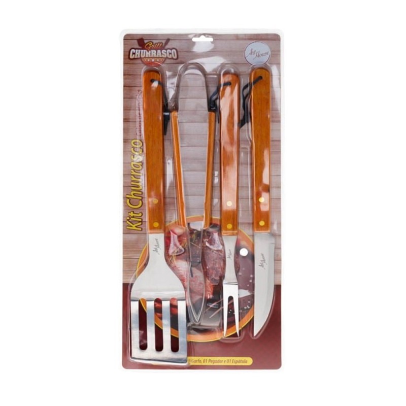 Kit Para Churrasco 4 Peças Com Inox Cabo De Madeira