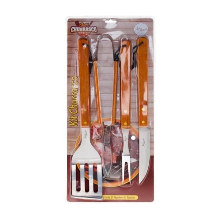 Kit Para Churrasco 4 Peças Com Inox Cabo De Madeira 2