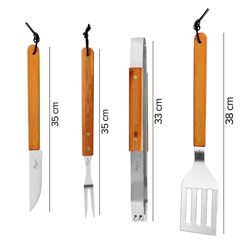 Kit Para Churrasco 4 Peças Com Inox Cabo De Madeira