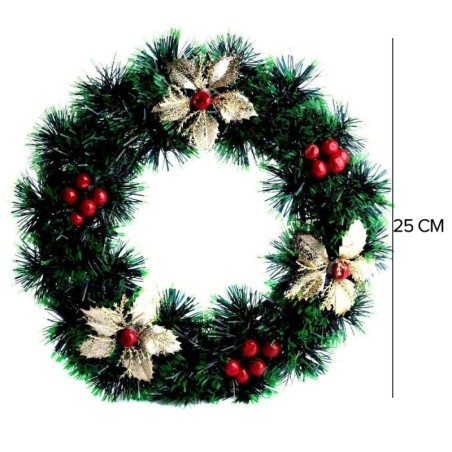 Guirlanda Enfeite De Natal 25cm Com Flores Douradas E Azevinho