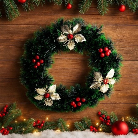 Guirlanda Enfeite De Natal 25cm Com Flores Douradas E Azevinho