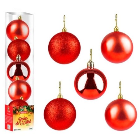 Kit Bola De Natal Lisa Vermelho 8cm Com 5 Unidades