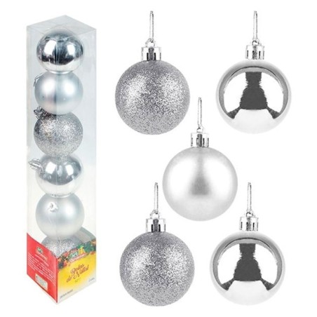 Kit Bola De Natal Lisa Prata 8cm Com 5 Unidades