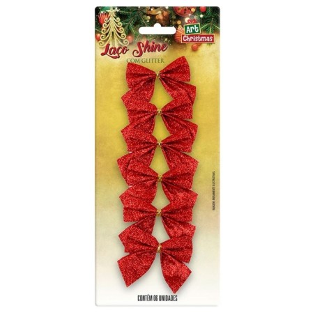 Kit 6 Laços Shine Com Glitter Enfeite De Natal