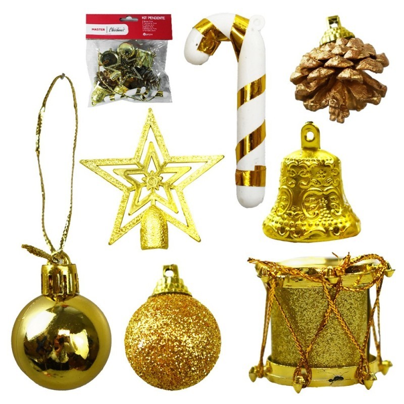 Kit Enfeites Pendentes De Natal Mistos Dourado 12pçs