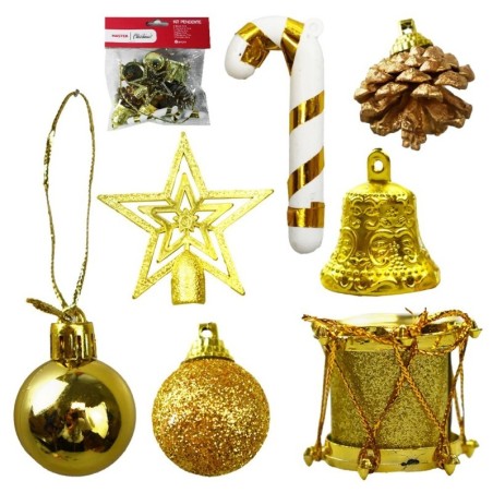 Kit Enfeites Pendentes De Natal Mistos Dourado 12pçs