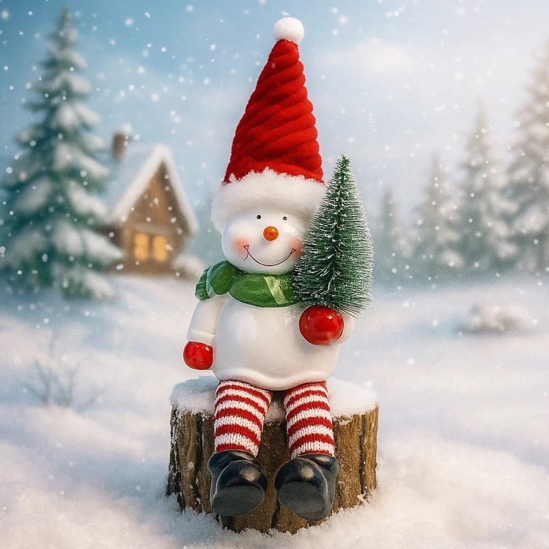 Enfeite Boneco De Neve De Cerâmica Com Pernas De Tecido