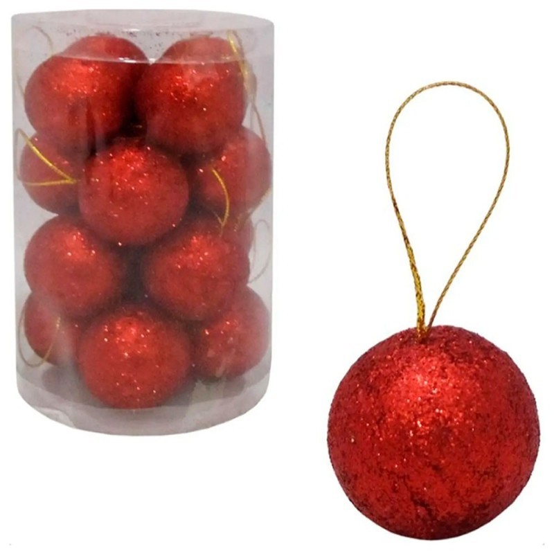 Kit Bola De Natal Vermelho Com Glitter 16 Peças 4cm No Tubo
