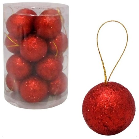Kit Bola De Natal Vermelho Com Glitter 16 Peças 4cm No Tubo