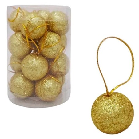 Kit Bola De Natal Dourada Com Glitter 16 Peças 4cm No Tubo