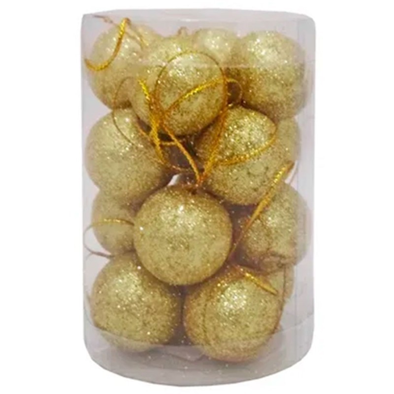 Kit Bola De Natal Dourada Com Glitter 16 Peças 4cm No Tubo