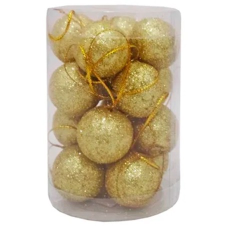 Kit Bola De Natal Dourada Com Glitter 16 Peças 4cm No Tubo