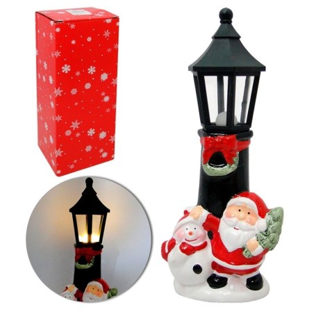 Enfeite Porcelana Poste Luz Com Papai Noel Boneco De Neve