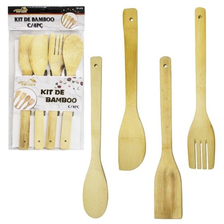Kit Utensílios Para Cozinha 4 Peças De Bambu