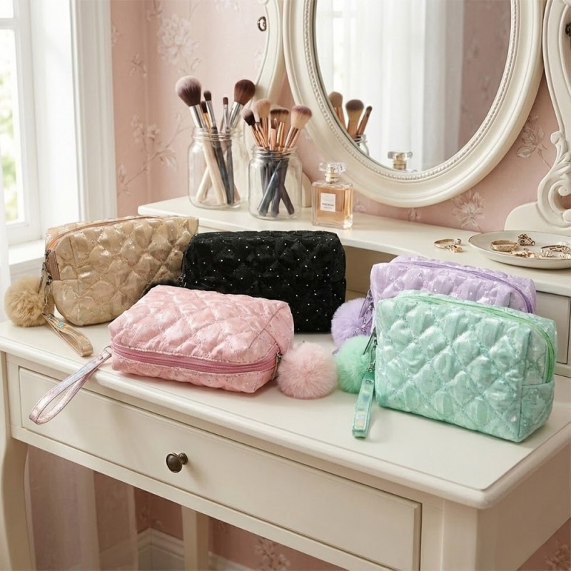 Estojo Nécessaire Feminina Grande Com Textura E Pompom